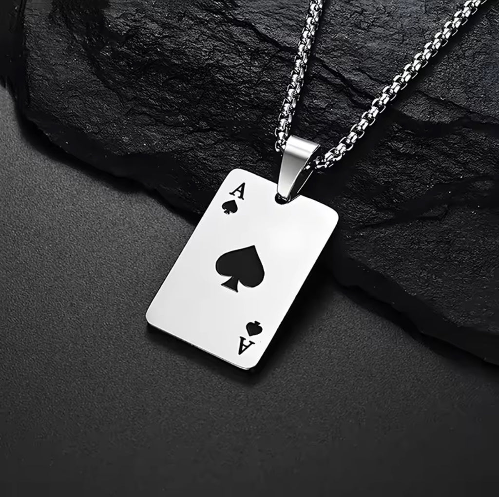 Stainless Steel Poker Card Ace of Spades Necklace