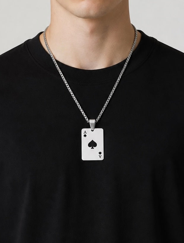 Stainless Steel Poker Card Ace of Spades Necklace