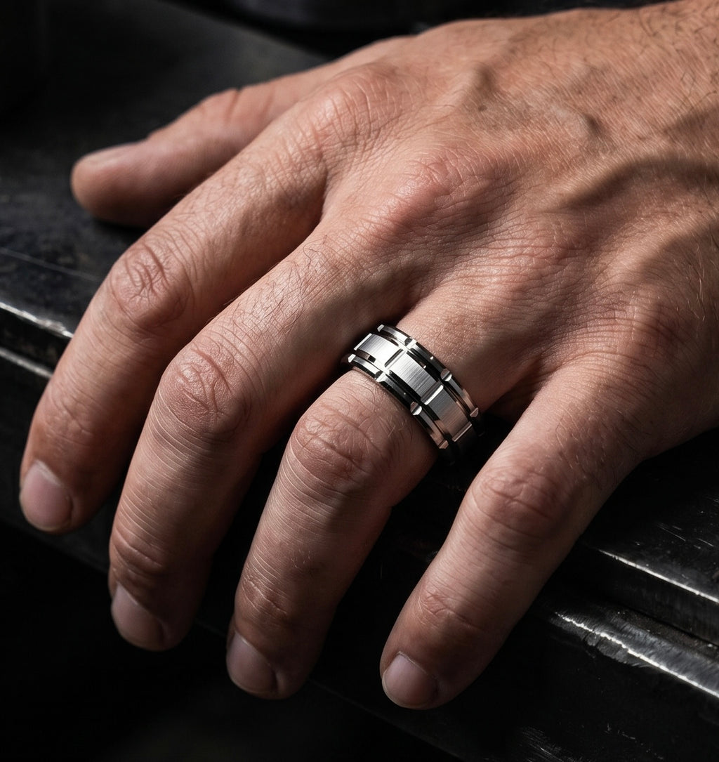 Double Silver Groove Beveled Edge Stainless Steel Ring